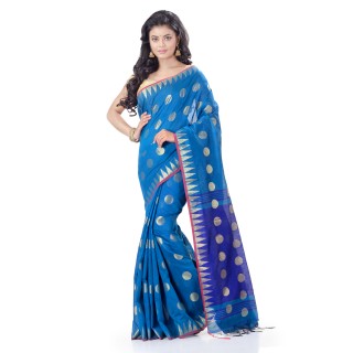 WoodenTant Cotton Silk Handloom Zari Thread Work Saree In Light Blue With Temple Border.