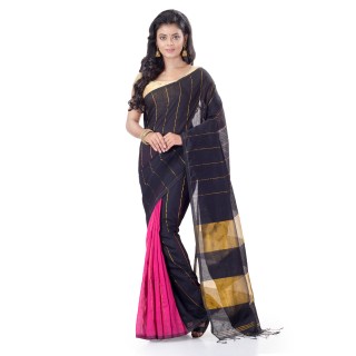 WoodenTant Handloom Cotton Silk Zari Saree In Black & Pink