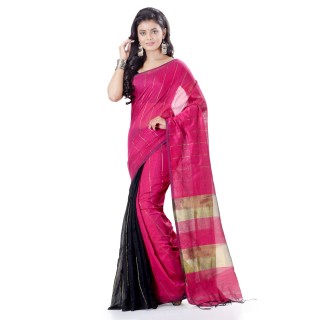 WoodenTant Handloom Cotton Silk Zari Saree In Pink & Black