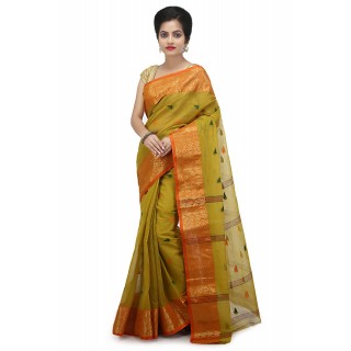 WoodenTant Women’s pure cotton Tant saree in Light Green with starch and buti wrok and without blouse piece