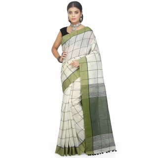 WoodenTant Women Handloom Checkered pure Cotton Silk Blend Saree In (Dark Green) with blouse piece
