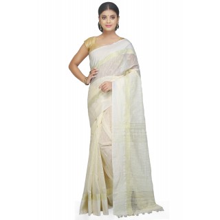 WoodenTant Women's cotton silk handloom saree in White with woven thick raw silk border with blouse piece