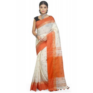 WoodenTant Women's cotton silk handloom saree in White with Orange woven thick raw silk border with blouse piece
