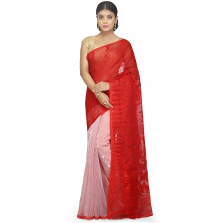 WoodenTant Women’s Cotton Silk Soft Dhakai Jamdani Handloom Sareein Red & Green (Red::White)