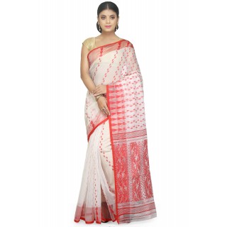 WoodenTant Women’s Cotton Silk Soft Dhakai Jamdani Handloom (White::Red)