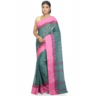 WoodenTant Women's Pure Cotton Tant Saree In Dark Green without blouse piece