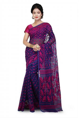 Dhakai Jamdani saree in Royal Blue saeee with purple Thread Work in all over saree  