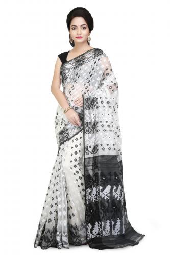 Dhakai Jamdani saree Black and white pallu with Thread Work in all over saree  