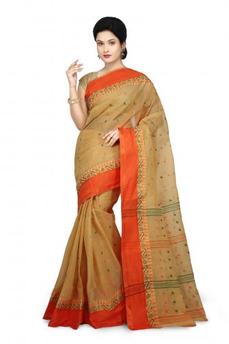 WoodenTant Women's Pure Cotton Tant Saree In Light Beige _Free Size