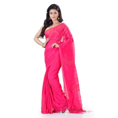WoodenTant Cotton Silk Zari Box Handloom Saree In Pink With Sequin Work