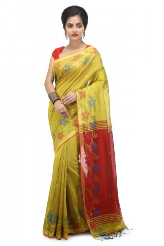 Woodentant women’s handloom cotton Silk saree in Yellow with zari Flower border