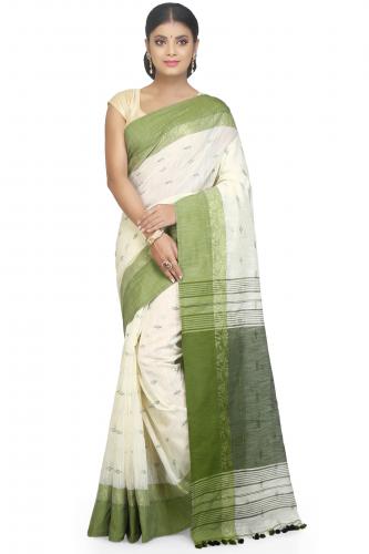 WoodenTant Women's cotton silk handloom saree in White with Green woven thick raw silk border with blouse piece