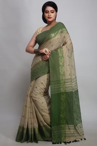 WoodenTant Woven Handloom Pure Cotton Silk Saree In Beige & Light Green with blouse piece.