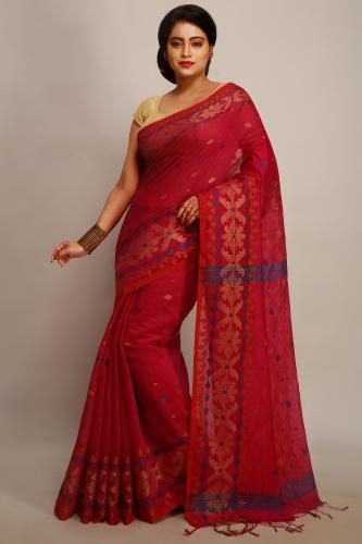 WoodenTant women's woven exclusive cotton silk handloom saree in multicolor cotton Thread border with blouse piece( Red ).