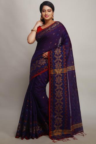 Woodentant women's woven exclusive cotton silk handloom saree in multicolor cotton Thread border with blouse piece ( blue ).