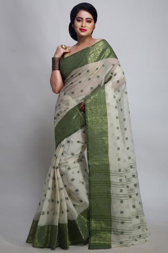 Woodentant Women's pure cotton exclucive designer Tant saree in white and green zari border without blouse piece.