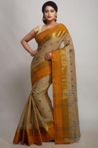 WoodenTant Women's Pure Cotton exclusive Tant Saree In Beige with orange solid zari border without blouse piece.