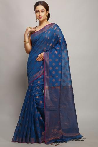 WoodenTant Women's banarasi Cotton silk Handloom Saree with pure copper zari solid border_ (Light Blue)